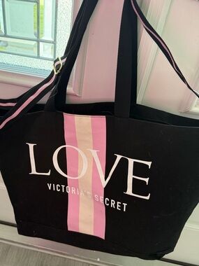Victoria's Secret LOVE Black & Pink Stripe Tote Bag